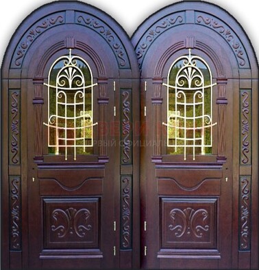 Индивидуальная арочная дверь со стеклом и ковкой ДА-19 в Оренбурге