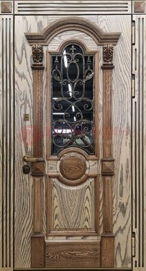 Железная дверь с массивом дуба со стеклом и ковкой ДМД-47 в Оренбурге