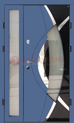 Синяя металлическая дверь со стеклом и узором ДС-13 в Оренбурге