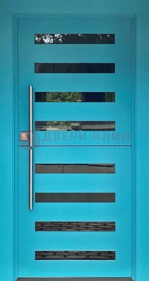 Голубая уличная дверь с МДФ панелью и стеклом ДС-51 в Оренбурге