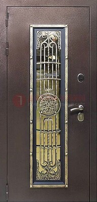 Железная дверь цвета медный антик со стеклом и ковкой ДСК-105 в Оренбурге