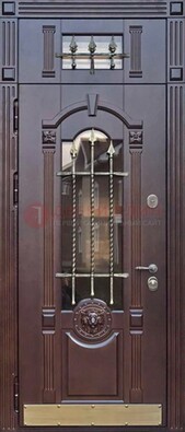 Металлическая дверь массив со стеклом и ковкой с фрамугой ДСК-249 в Оренбурге