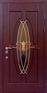 Бордовая стальная дверь Винорит со стеклом и ковкой ДСК-263 в Оренбурге