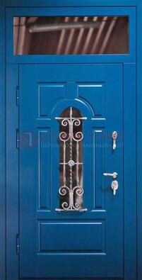 Синяя железная филенчатая дверь со стеклом и ковкой ДСК-97 в Оренбурге