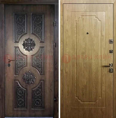 Железная коричневая дверь с виноритом и терморазрывом Золотой дуб внутри ДВТ-101 в Оренбурге