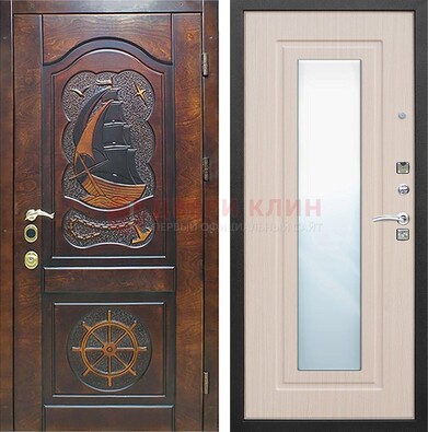 Темная дверь с резьбой и зеркалом внутри ДЗ-49 в Оренбурге