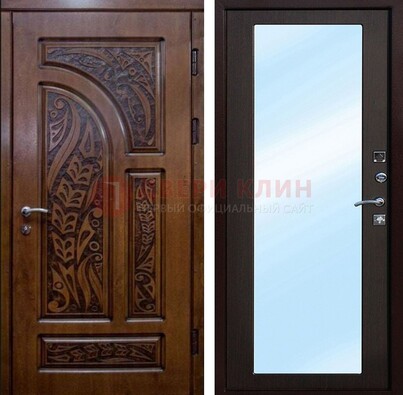 Коричневая входная дверь c узором и виноритом МДФ с зеркалом ДЗ-98 в Оренбурге