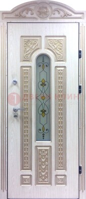 Белая железная дверь с МДФ и витражом ВЖ-26 в Оренбурге
