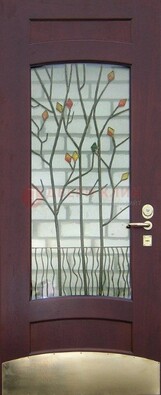 Бордовая стальная дверь с витражом и декоративным элементом ВЖ-3 в Оренбурге